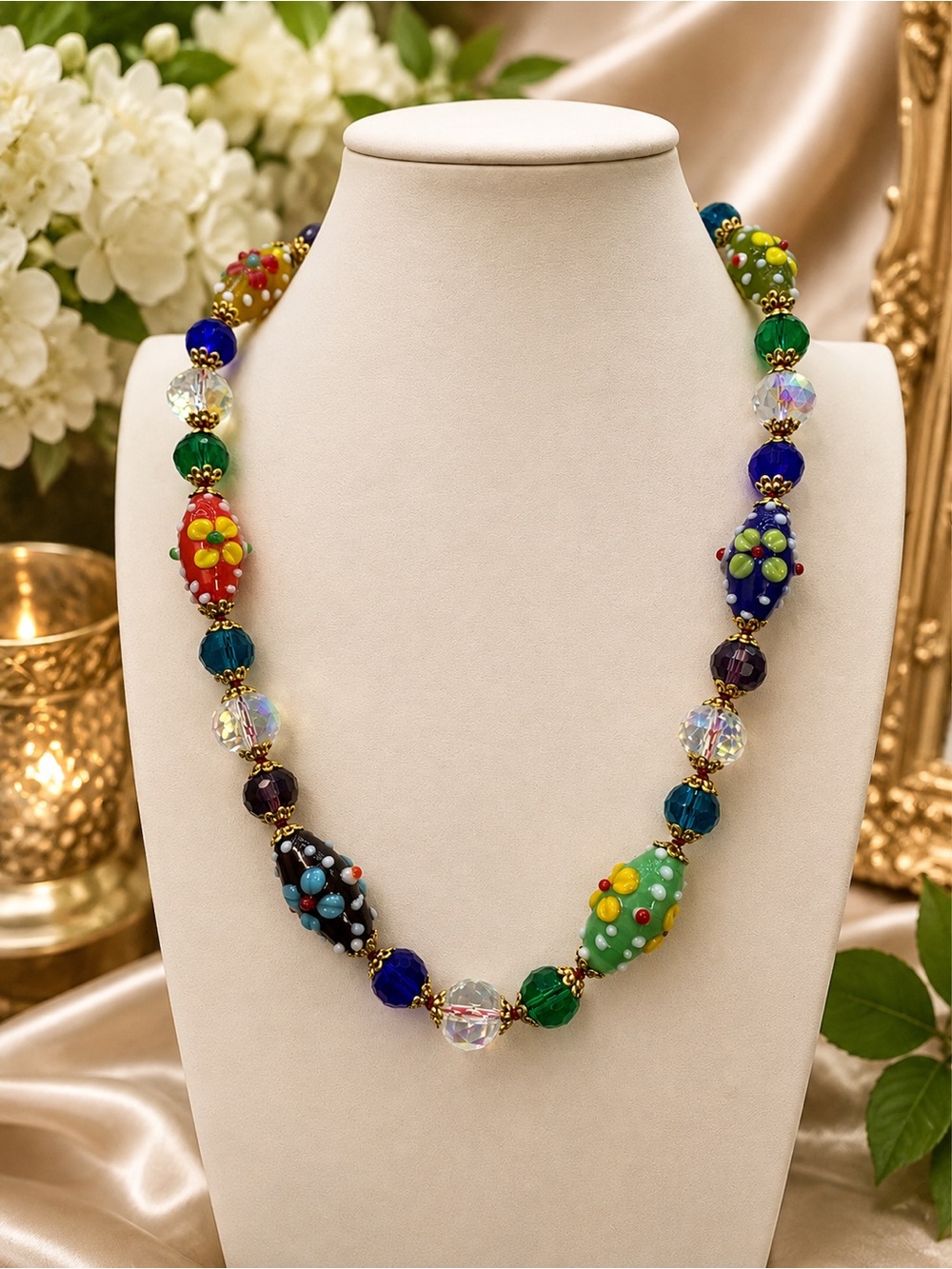 #1 FLASH  Hand-Knotted Aprilsplace Original Flower  Lampwork Glass Necklace - Picture 3 of 13